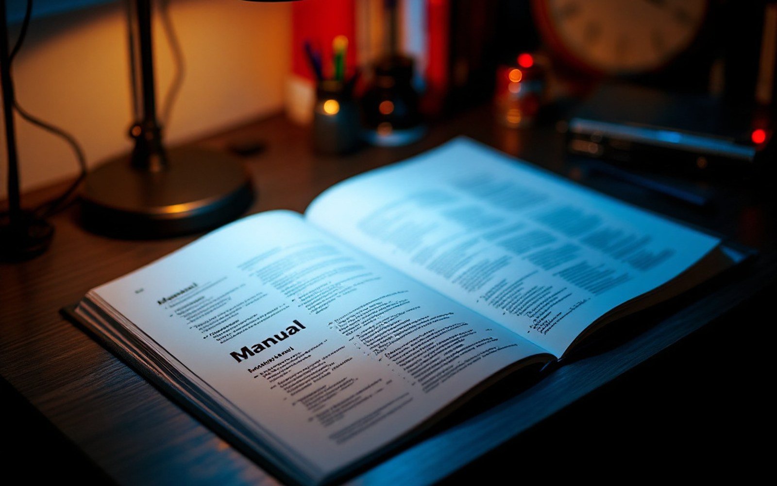A printed manual open flat under a desk lamp