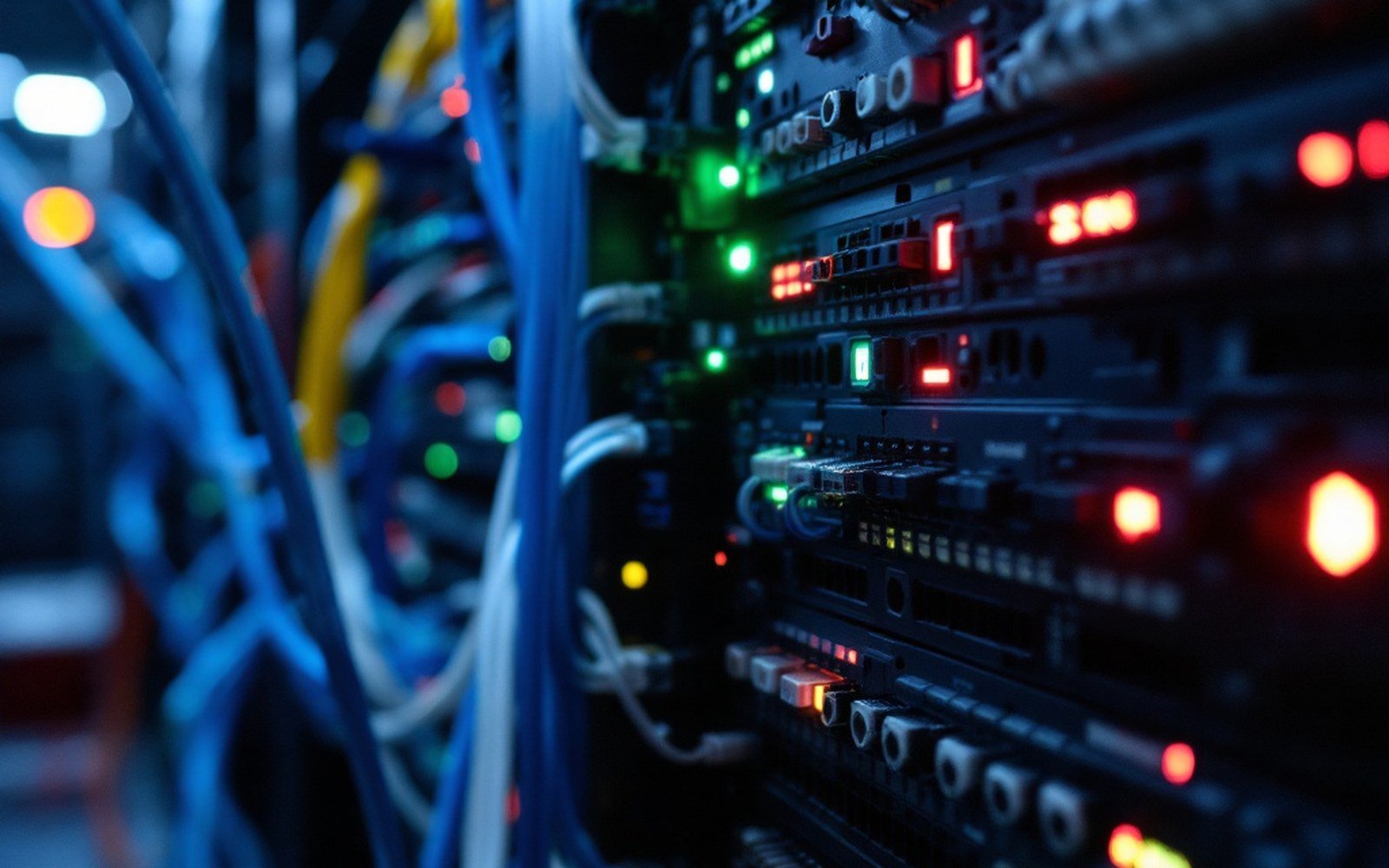 A wall of patch panels and looped network cable in a lit equipment room, straight on