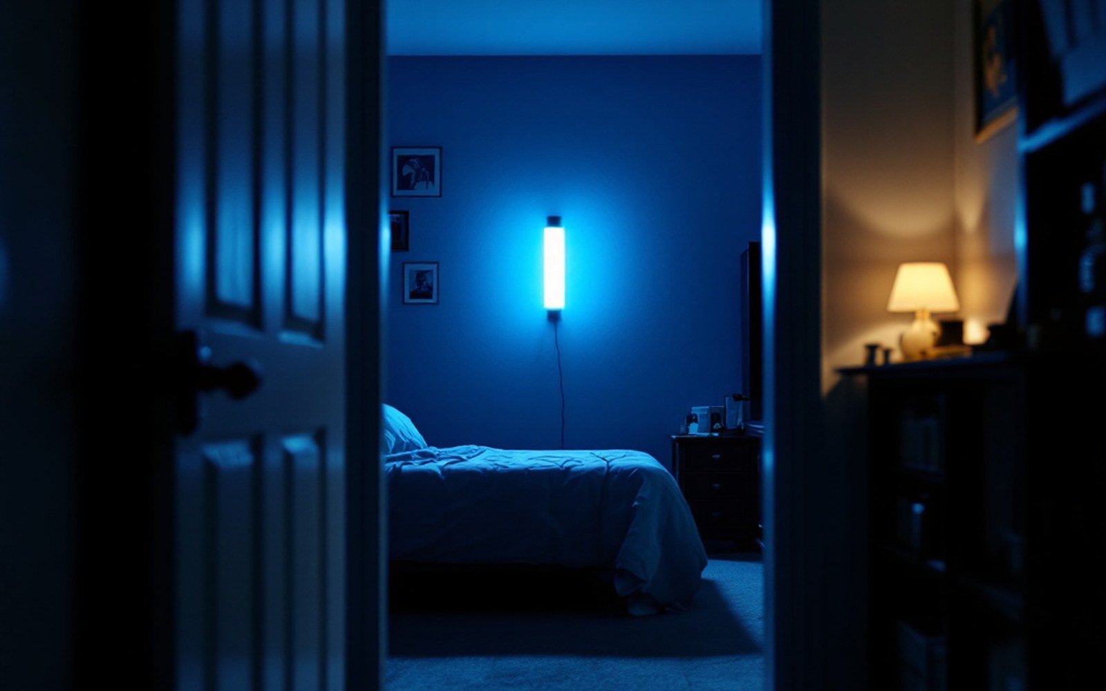 A domestic room at night with every light off except one glowing rectangle, shot from the doorway