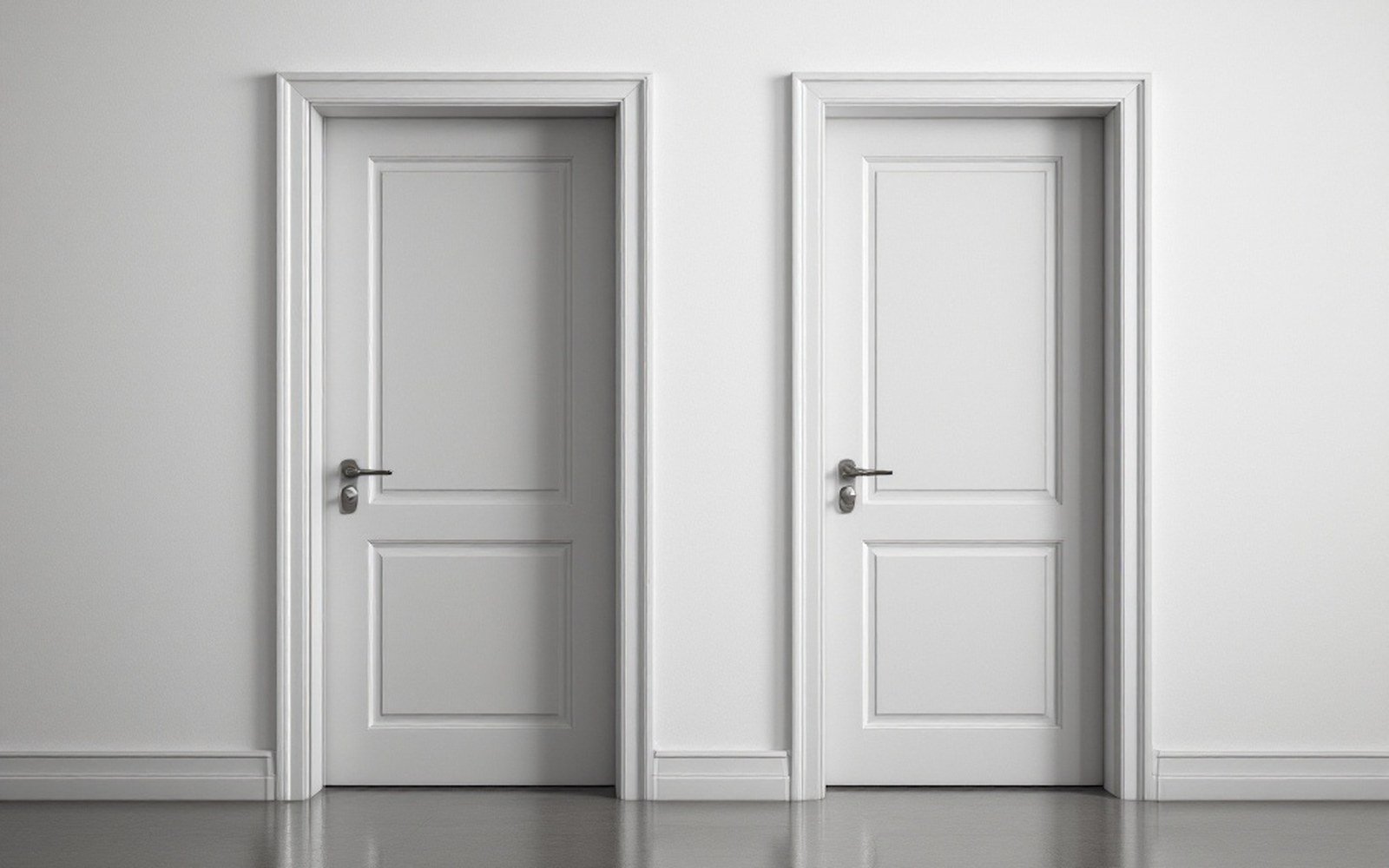 Two identical doors side by side in a bare corridor, one propped open