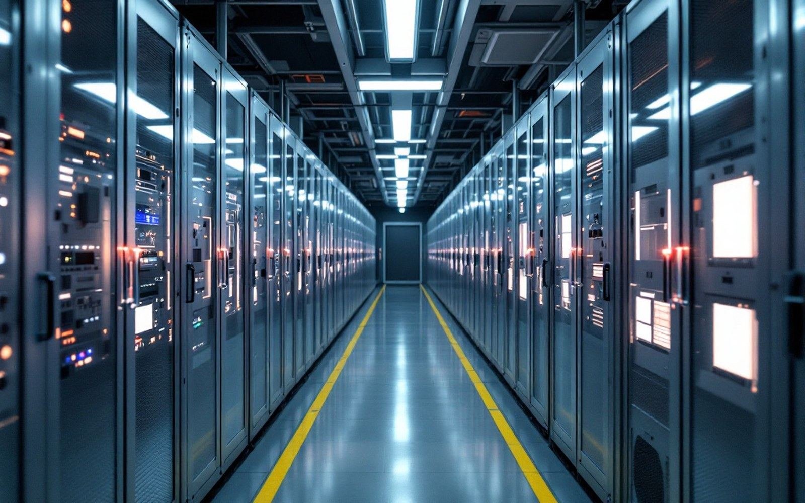 A long aisle between equipment cabinets, vanishing point centred, overhead strip lighting