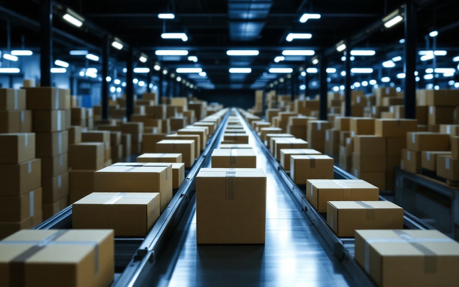 A conveyor of identical cardboard cartons under flat warehouse fluorescence